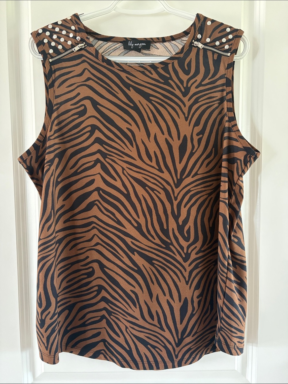 Lily Morgan Brown Zebra-Print Studded Shoulder Tank. A11
